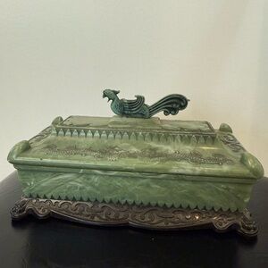 Vintage MCM Green Celluloid Plastic Vanity Jewelry Box Phoenix Bird